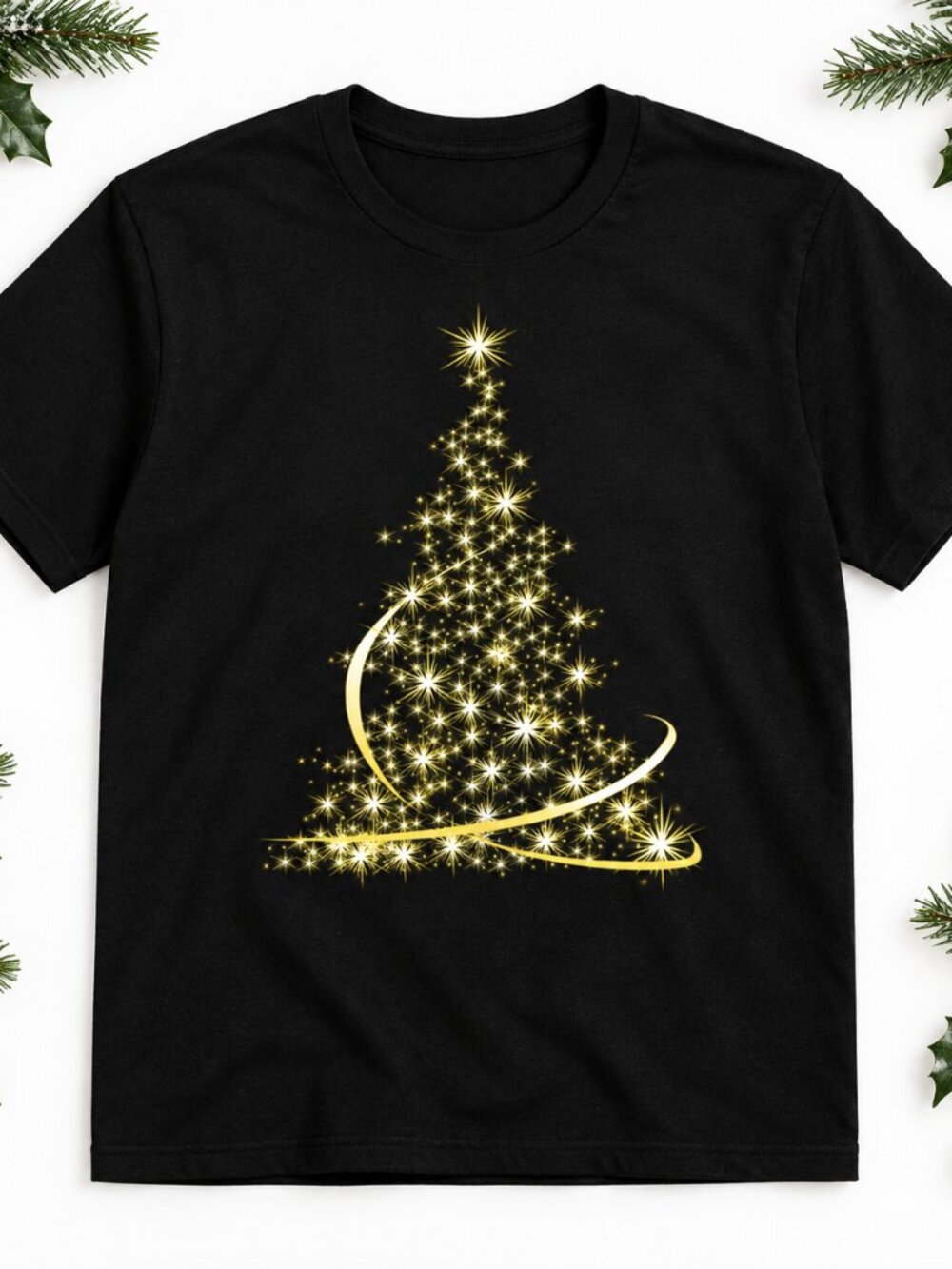Gold Sparkle Christmas Tree Womens T-Shirt Holiday Festive Star Graphic Tee